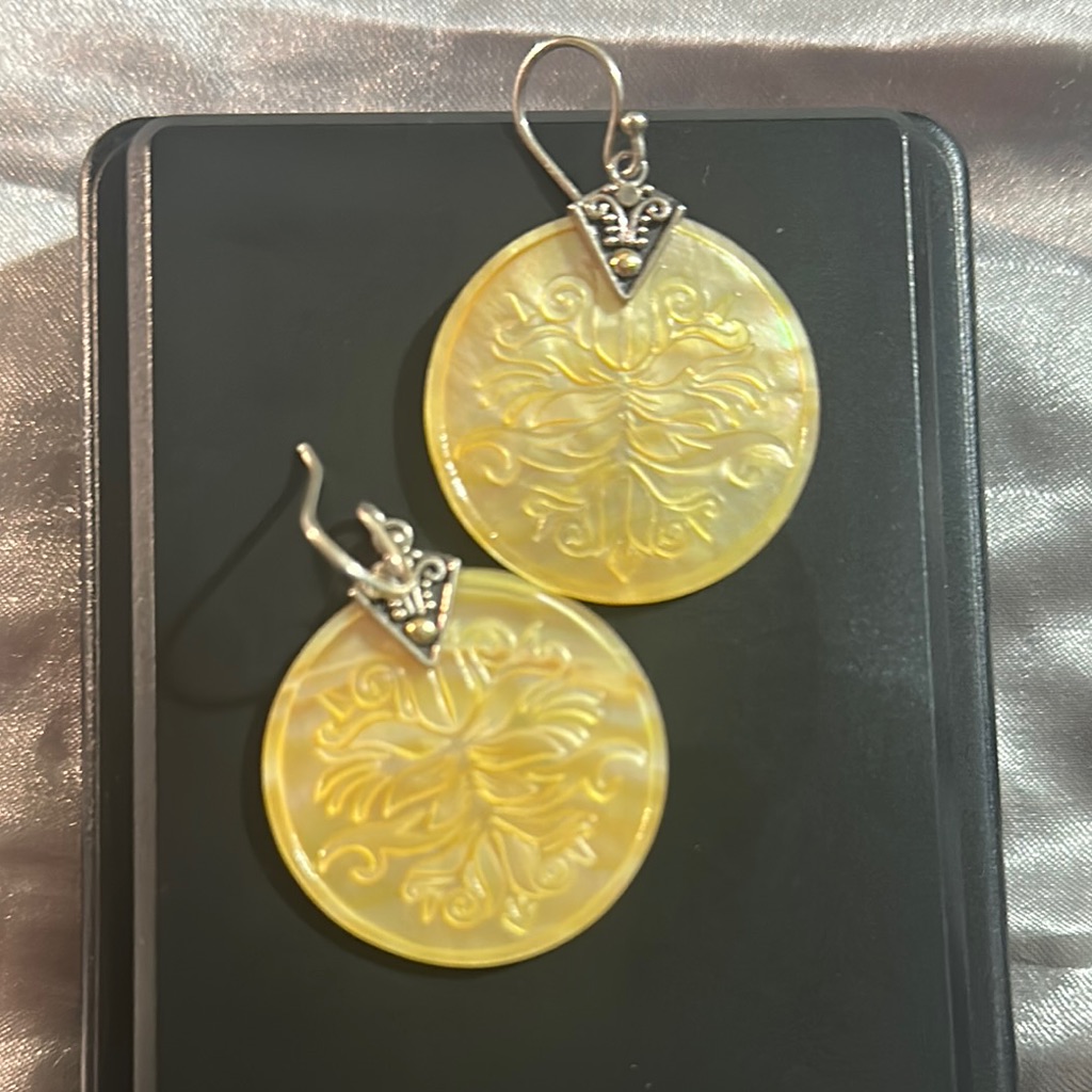 Robert Manse M Sterling Silver 18k Etched Mother Pearl Disc Dangle Earrings